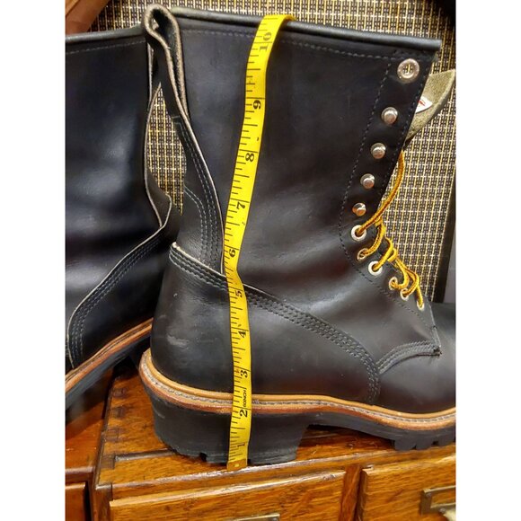 Red Wing Shoes Black Leather Lace-Up Boots with Tan Welt and Yellow Laces